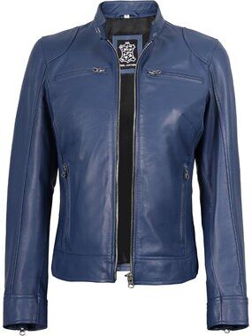 Women’s Blue Genuine Lambskin Leather Cafe Racer Motorcycle Jacket